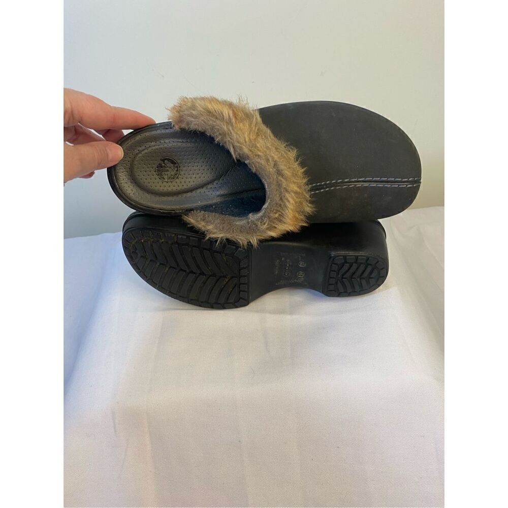 Crocs Eva Cobbler Brown Fur Trimmed wedge Mule Size 9 - Picture 3 of 7